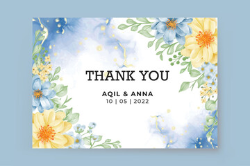 thank you card template with watercolor flower blue