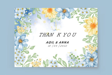 thank you card with floral frame flower blue and yellow