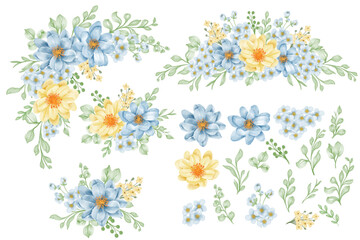 Fototapeta na wymiar flower blue yellow arrangement isolated with leaf and flower blue yellow clip art