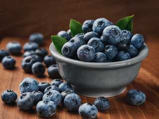 Bowl of ripe blueberries close up