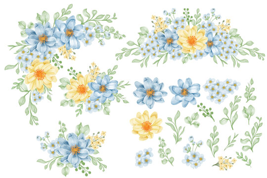 flower blue yellow arrangement isolated with leaf and flower blue yellow clip art