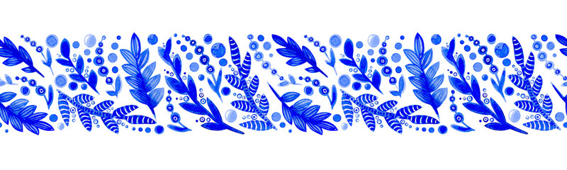 Seamless border of hand drawn blue leaves, berries and flowers. Watercolor illustration on a white background. - 518759560