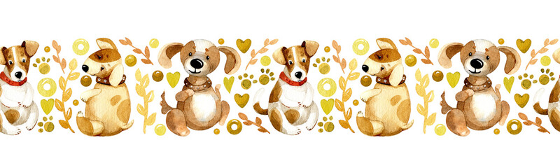 Watercolor seamless border. Cute puppies, dogs footprints and floral branch, isolated on a white background. - 518759594