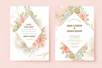 wedding invitation set with dark beige and blush rose watercolor