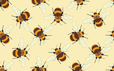 Seamless pattern with bees on color background. Small wasp. Vector illustration. Adorable cartoon character. Template design for invitation, cards, textile, fabric. Doodle style