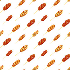 Seamless vector pattern with Asian street food corndogs