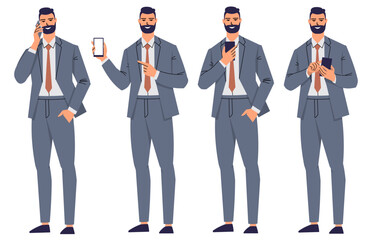 Group of business men in different poses with phone. A young man in a suit and tie isolated on a white background. Office worker make phone call, shows phone screen, uses phone. Flat vector.