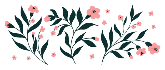 Hand drawn flowers branches in a set. Blooming twigs with small flowers, leaves isolated on white background. Rustic botanical decor. Vector illustration.