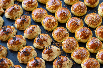 Sesame cookies. Fresh salt cookies on dark background. Bakery products. side view. Close-up.