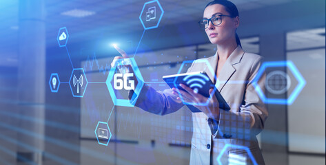 6G Six generation wireless mobile internet connection concept. Young business woman pressing button on virtual screen.