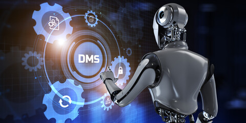 DMS Document management system business process automation RPA concept. Robot pressing button on screen 3d render.