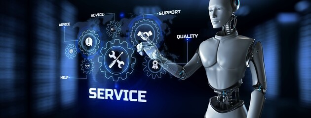 Service automation concept. Robot pressing button on screen 3d render.