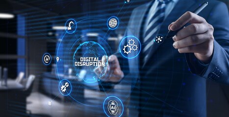 Digital disruption industry transformation technology revolution concept. Businessman pressing button on screen.