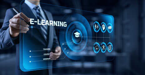 E-learning Online learning distance education concept. Businessman pressing button on screen.