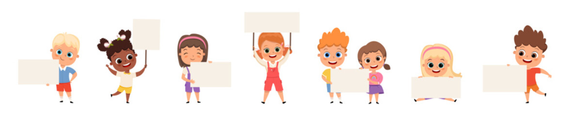 Children are holding banners, board signs or placard with empty space templates for text. Happy boy and girl, pupils with blank sheet of papers or posters and ads vector cartoon illustration.
