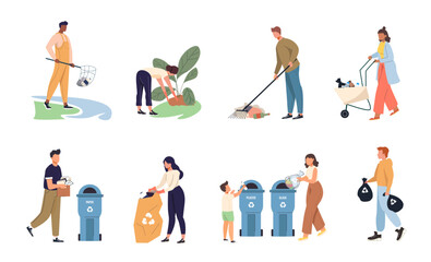 Volunteers gathering garbage set. People take out the trash and plastic waste for recycling, parents and children collecting garbage, environmental protection, education concept vector Illustrations