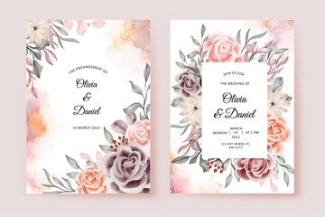 Wedding invitation card template with beautiful rose flower frame