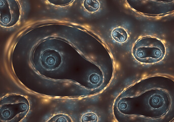 Abstract fractal art which perhaps suggests cell division or portals to multiple dimensions.