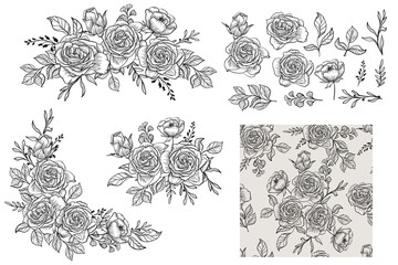 hand drawn line art rose arrangement, isolated and seamless pattern
