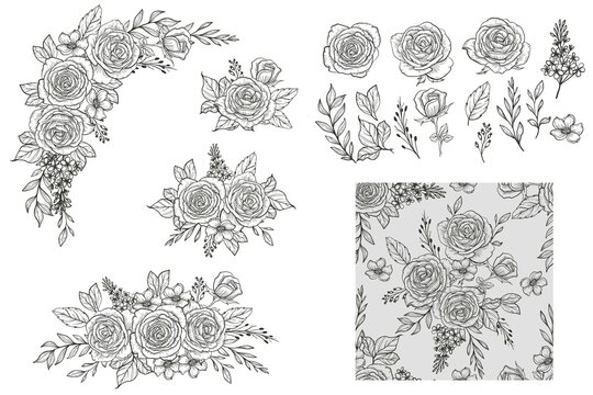 hand drawn line art rose arrangement, isolated and seamless pattern