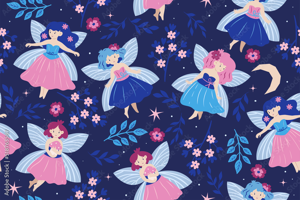 Wall mural Seamless pattern with fairies and flowers. Vector graphics.