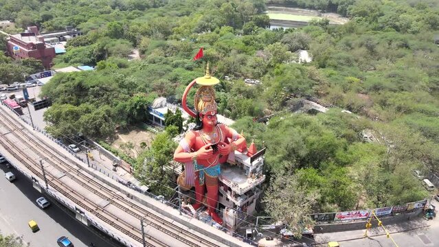 An Aerial Shot of Hanuman statue and Delhi Metro at Jhandewalah, New Delhi,India
