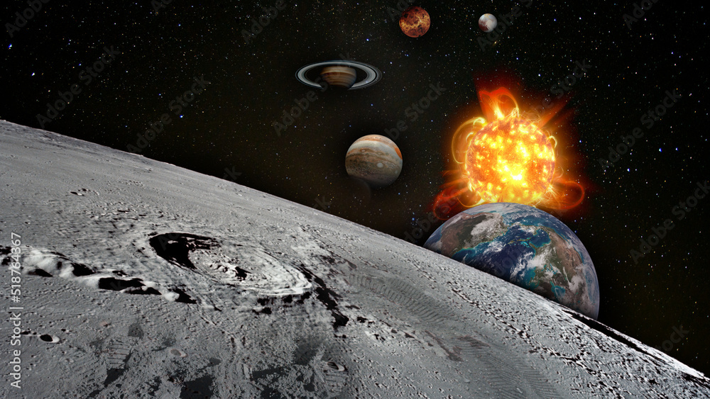 Wall mural footprints on the moon. view of the moon surface and solar system planets as space exploration conce