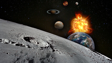 Footprints on the moon. View of the moon surface and solar system planets as space exploration concept.  Elements of this image furnished by NASA.