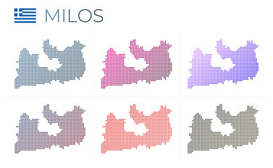 Milos dotted map set. Map of Milos in dotted style. Borders of the island filled with beautiful smooth gradient circles. Classy vector illustration.