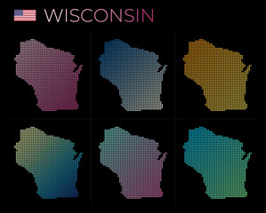 Fototapeta na wymiar Wisconsin dotted map set. Map of Wisconsin in dotted style. Borders of the us state filled with beautiful smooth gradient circles. Astonishing vector illustration.