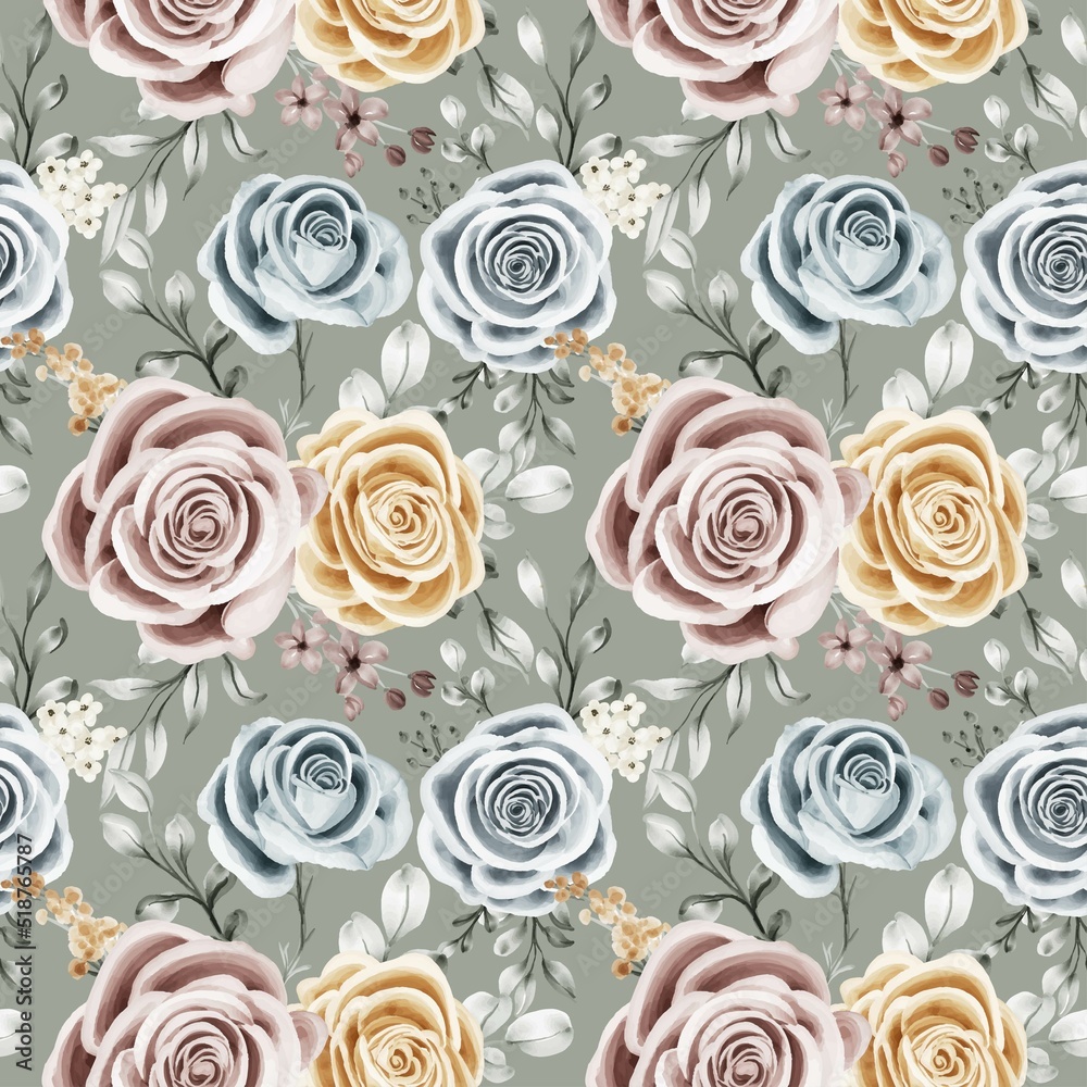 Wall mural seamless pattern with floral rose green - Wall murals