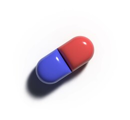 3d tablet. Realistic pill with red and blue side. Pharmacology and medicine design element. Vitamin And Painkiller Illustration
