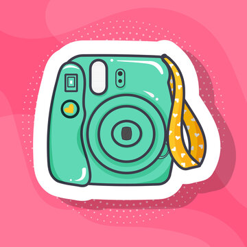 Sticker, polaroid camera with yellow trinket, hearts, icon on pop art retro vintage background, trendy color illustration
