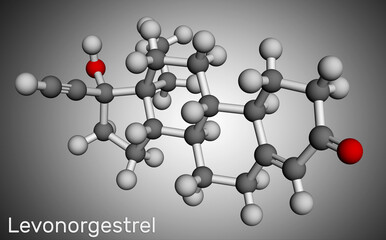 Levonorgestrel progestin molecule. It is synthetic progestogen, contraceptive. Molecular model. 3D rendering