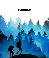 Obraz na płótnie Canvas Traveler Silhouette Stand Top Mountain Rock Peak Climber Empty Copy Space . A tourist with a backpack stands on top of a hill. Vector illustration