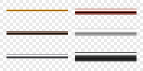 Set of metal pipes. Pipe profiles in steel, cast iron, aluminum, copper and brass. Realistic vector illustration isolated on transparent background.