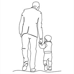 Dad and son in continuous line drawing style. Dad and son walk together holding hands. Minimalist black linear sketch on a white background. Vector illustration.