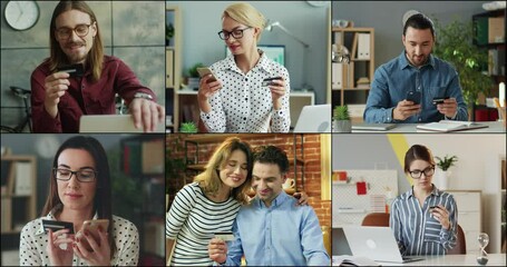 Diverse people indoor using gadgets buying online paying with credit card. E-commerce. Collage. Male and female buy on internet. Business style. Family couple at home People at office Shopping concept