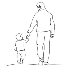 Dad and son in continuous line drawing style. Dad and son walk together holding hands. Minimalist black linear sketch on a white background. Vector illustration.