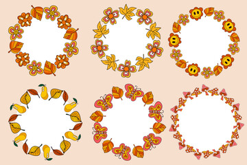 Set vintage retro 70s round frame of autumn leaves. Autumn, leaves, wreaths, ribbon. Vector illustration