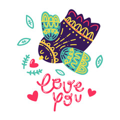 Bright vector poster with a bird with a folk ornament in the Scandinavian style. Cartoon stickers, floral doodles, twigs with lettering for printing, typography, cards, gifts, textiles, decor, kids