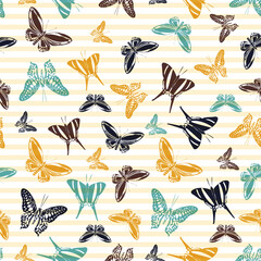 Flying butterfly silhouettes over striped background vector seamless pattern.