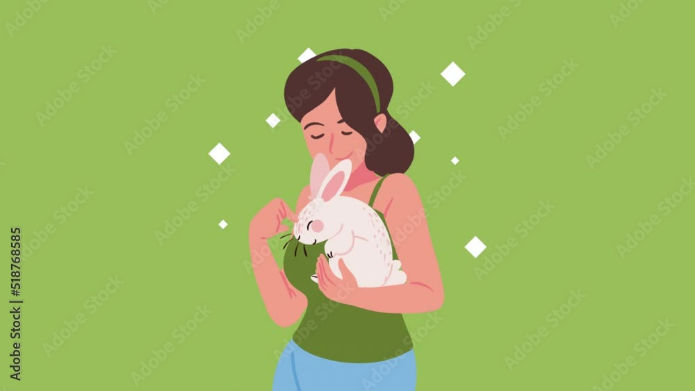 Sticker woman lifting rabbit character animation