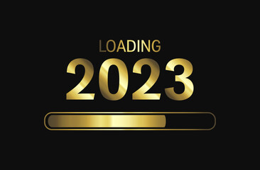 2023 New Year loading progress bar gold vector design on black background. New Year 2023 loading idea.