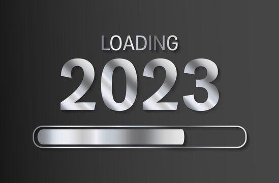2023 New Year loading progress bar silver vector design on black background. New Year 2023 loading idea.