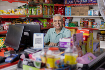 Naklejka premium Happy man working as a cashier at supermarket