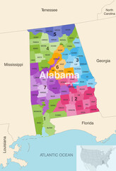 Naklejka premium Alabama's congressional districts (2013-2023) vector map with neighbouring states and terrotories