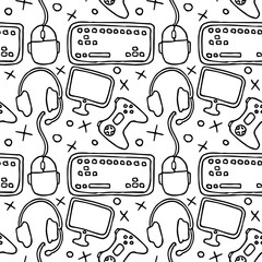Seamless gaming pattern. Background with gamepad,monitor, keyboard, computer mouse, headphones © eliyashevskiy
