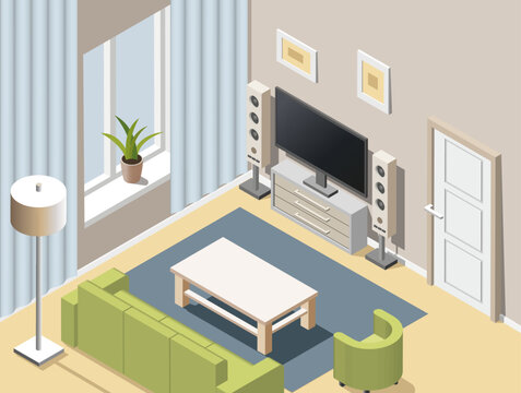 Living room interior vector isometric illustration