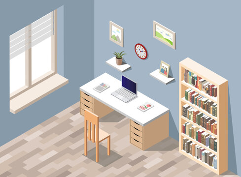 Office room interior vector isometric illustration